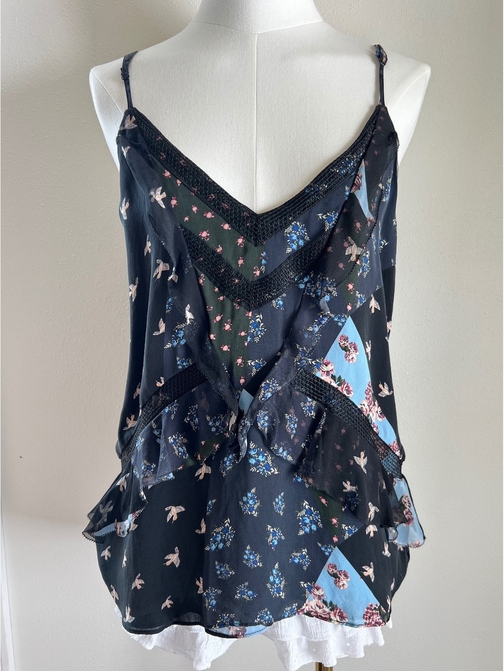 Parker 100% Silk Floral Bird Print Ruffle Cami Top